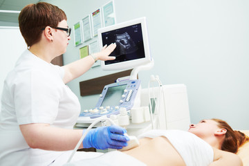 ultrasound scan. Examining stomach of female patient