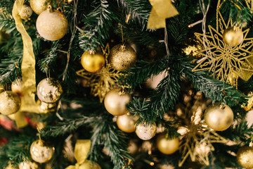 Christmas tree with decorations close-up for background