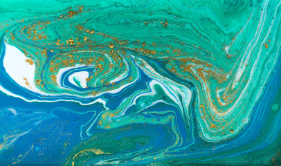 Fototapeta na wymiar Green and blue agate ripples. Golden glitter marble texture.