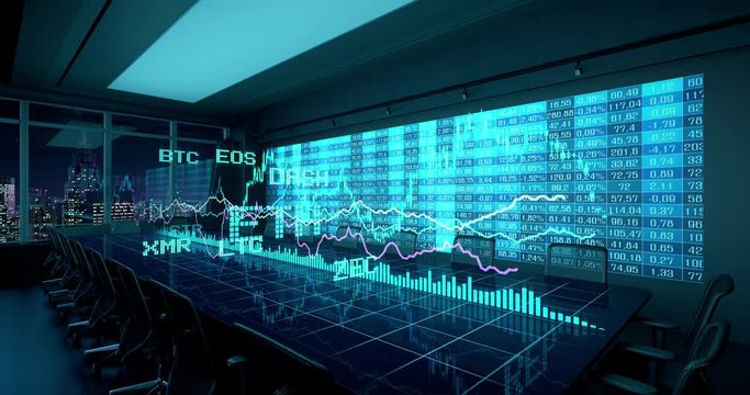 Animated Holographic Charts Financial Statistics on Table in night Office Interior. Cryptocurrency Bitcoin Exchange trading Gambling concept seamless looping 4K video 3d rendering. 