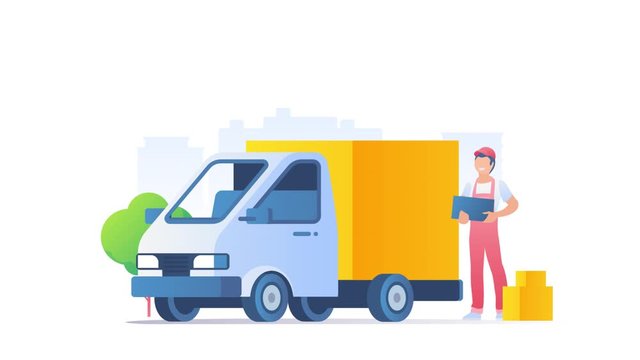 Delivery Truck and Man with Boxes reveal - flat design video concept with alpha.