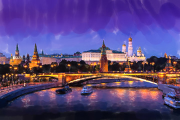 Fototapeta na wymiar Illuminated Moscow Kremlin, Kremlin Embankment and Moscow River at night in Moscow, Russia. Watercolor style.