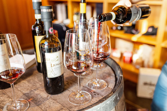 18 OCTOBER 2018, TUSCANY, ITALY: Famous great tuscany Wines for sale in agricultural luxury winehouse shop