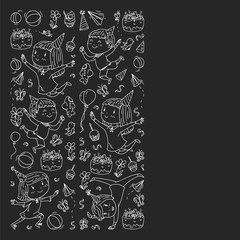 Vector illustration in cartoon style, active company of playful preschool kids jumping, at a party, birthday. monochrome chalk drawing on blackboard.