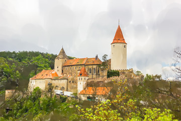Castle Krivoklat in Czech Republic - Watercolor style.