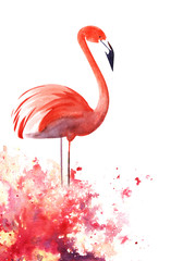 Two Red pink flamingos. On thin legs in a gradient cloud of color splashes. Black beak. Stylized bird. Page Template. Hand drawn decorative watercolor illustration. Isolated on a white background.