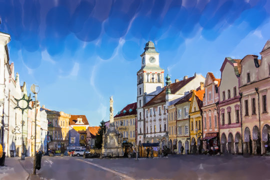 Downtown in Trebon, Czech Republic - Watercolor style.