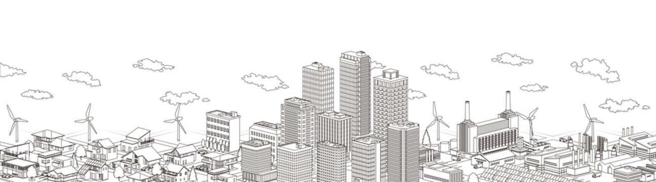 Urban, Residential And Factory Isometric Line Drawing