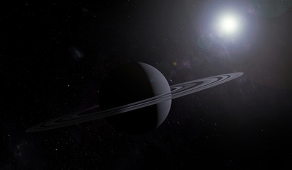 Unknown planet with rings in outer space with stars and nebulas. Space exploration. 3D illustration.