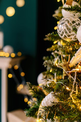 Christmas tree with decorations close-up for background