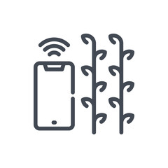 Wireless control of plant growth line icon. Mobile phone with wireless signal and plants vector outline sign.