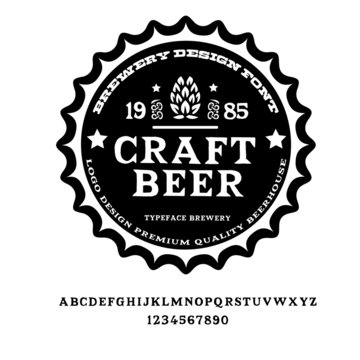 "Craft beer" typeface. Vector hand crafted font in medieval style with hops. Good for posters, alcohol label and festival invitation.Letters and numbers.Vector illustration.