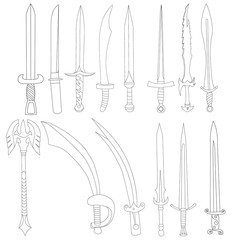 vector, isolated, on a white background, contour, sketch sword, saber, set