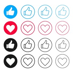 Thumb up and heart icon isolated on white background. Vector like and love button for website, mobile app and ui. Colored line icons.