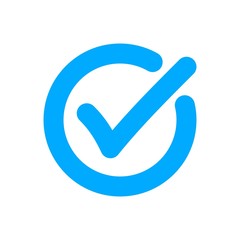 Blue flat checkmark icon. Vector badge of ok, warranty, approved, accept, checked and quality.
