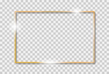 Gold luxury shiny glowing realistic vintage frame with shadows. Vector golden realistic rectangle border.