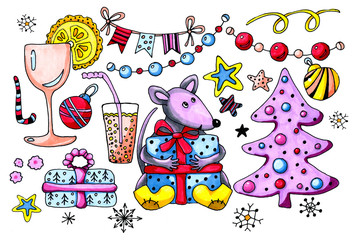 Cartoon animal rat, mouse, symbol 2020, prepared a surprise and gives gifts. Hand drawing watercolor illustration for the design of children's and Christmas products.