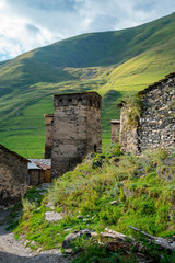 Traditional ancient Svan Towers in Ushguli village, Svaneti, Caucasus. Georgia. Travel.