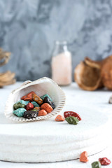 Fancy chocolates in the shape of sea pebbles.