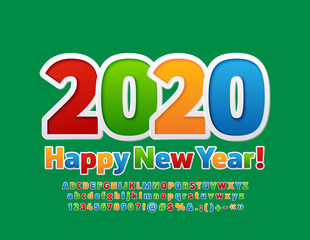 Vector bright greeting card Happy New Year 2020 with modern Font. Colorful Alphabet Letters, Numbers and Symbols for kids