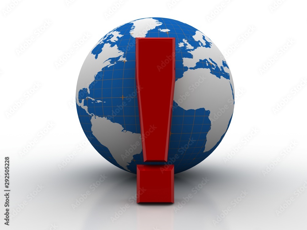 Poster 3d rendering exclamation mark and globe