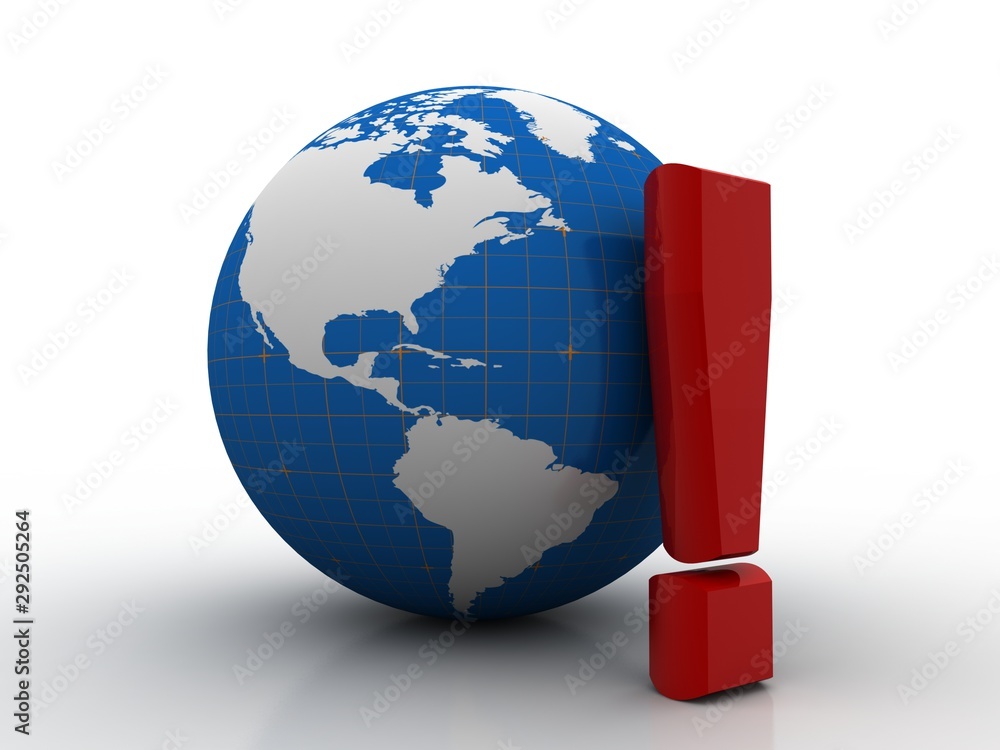 Poster 3d rendering exclamation mark and globe