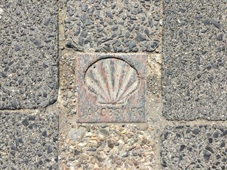 scallop sign at way of st. james on the ground made of stone