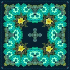 Carpet, tablecloth or bandana print with paisley ornament, fantasy flowers in folkloric style and dahlia with yellow petals.