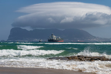 View from Palmones to Gibraltar through the Mediterranean Sea.