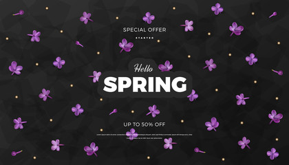 Obraz premium Black color floral banner background. Purple lilac flowers and petals luxury vector illustration, website template or premium card romantic design