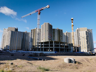 St. Petersburg, Russia - August 30, 2019: modern residential buildings on the alluvial territories...
