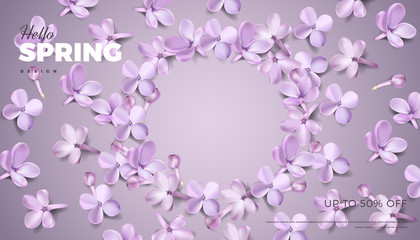 Soft pastel color floral banner background. Purple lilac flowers and petals vector illustration, website template or print card romantic design