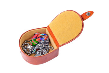 Brown leather jewelry box with bijouterie