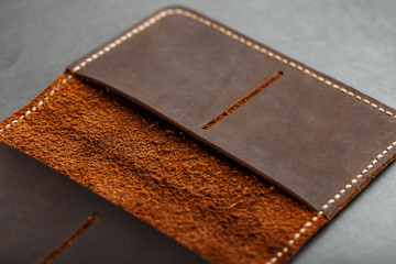 Open Dark Brown Leather Passport Cover. Genuine leather, handmade.