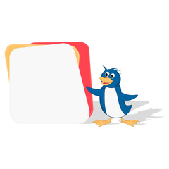 Frame for text and notes from colored cards with a cartoon penguin hero. Vector for banners on different topics.