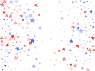 Flying red blue white star sparkles on white vector american patriotic background.
