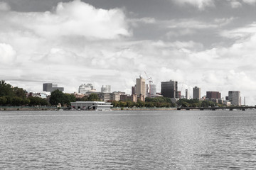 Fototapeta na wymiar Boston skyline seen from south side of Charles river looking toward MIT campus, horizontal aspect