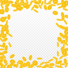 American dollar coins falling. Scattered small USD