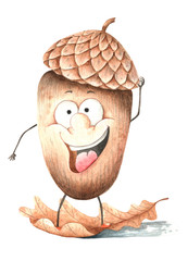 funny acorn on oak leaf watercolor isolated illustration