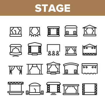 Stage Construction Collection Icons Set Vector Thin Line. Cinema Screen, Podium, Performance Theater Scene, Aluminium Truss Different Stage Concept Linear Pictograms. Monochrome Contour Illustrations