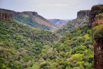 Panoramic view from top of cliffs in an opening valley in the late afternoon light, Chapada dos Guimarães, Mato Grosso, Brazil, South America