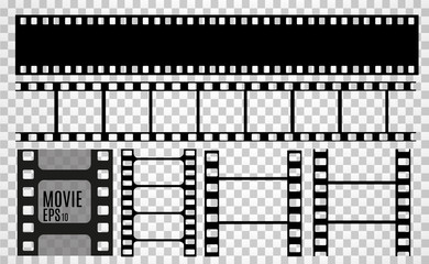 Set of film vector stripes isolated on transparent background.Film strip roll. Vector cinema background.