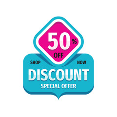 Discount 50% off - concept banner design. Special offer sticker. Shop now. Vector illustration. 