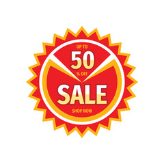 Sale concept vector badge design. Discount up to 50% off abstract sticker. 