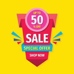 Sale concept banner design. Discount up to 50% off creative sticker. Abstract geometric poster. Special offer. 