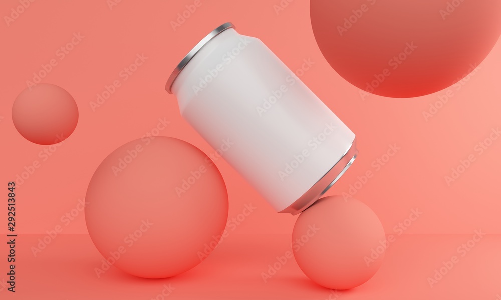 Poster mockup can for a drink with a blank label on a coral background with balloons. 3d rendering
