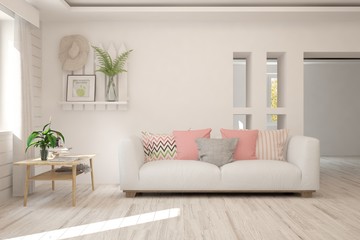 Stylish room in white color with sofa. Scandinavian interior design. 3D illustration