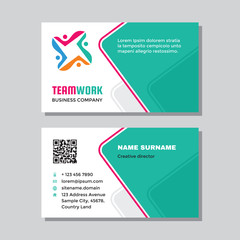 Business visit card template with logo - concept design. Abstract teamwork cooperation branding symbol. Vector illustration. 