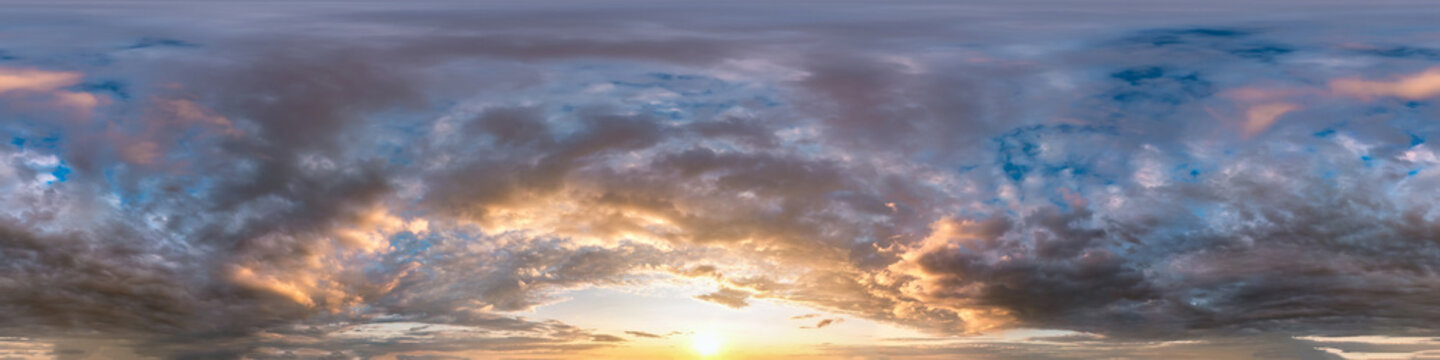 Seamless cloudy blue sky hdri panorama 360 degrees angle view with zenith and beautiful clouds for use in 3d graphics as sky dome or edit drone shot