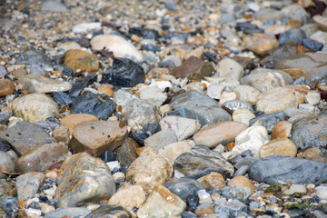 Blue and brown wet pebbles stone texture background.
